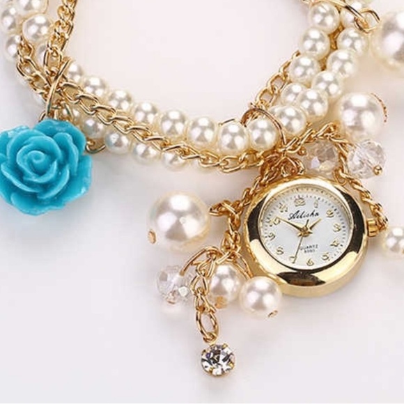 Ashiana Style Gold and Pearl Bracelet Watch with Blue Rose Charm - Picture 7 of 10